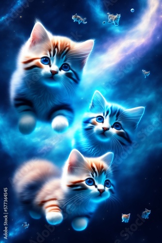 Cute kittens flying through space blue tones