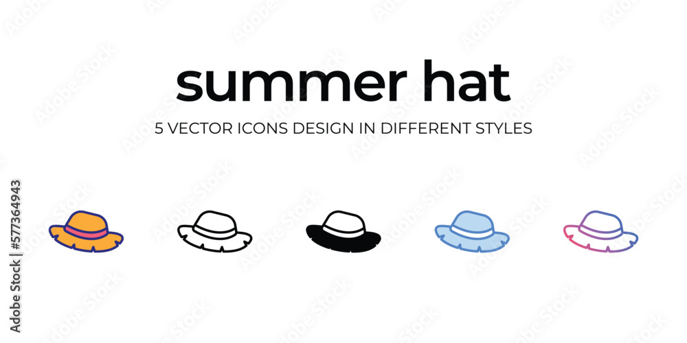 summer hat Icon Design in Five style with Editable Stroke. Line, Solid, Flat Line, Duo Tone Color, and Color Gradient Line. Suitable for Web Page, Mobile App, UI, UX and GUI design. summer hat Icon Design in Five style with Editable Stroke. Line, Solid, Flat Line, Duo Tone Color, and Color Gradient Line. Suitable for Web Page, Mobile App, UI, UX and GUI design.