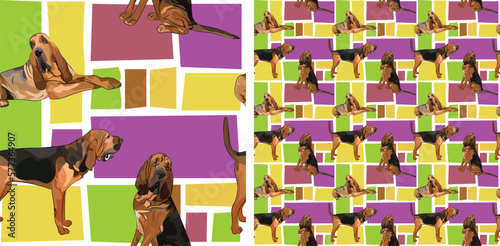 Bloodhound dog summer bright wallpaper. Holiday abstract shapes square seamless background, repeatable pattern. Birthday wallpaper, Christmas present, print tiles. Simple puzzle with dogs, pet lovers.