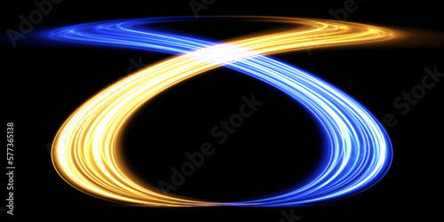 Abstract light lines of movement and speed with blue and yellow sparkles. Light everyday glowing effect. semicircular wave, light trail curve swirl, car headlights, incandescent optical fiber.