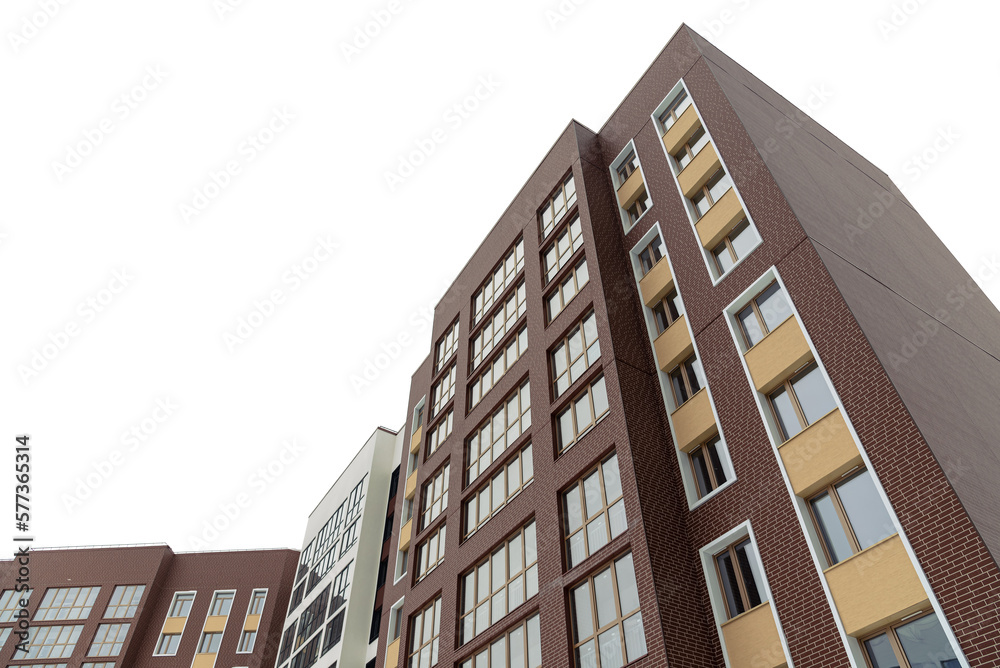 Modern new multi-storey buildings on a white isolated background in perspective.