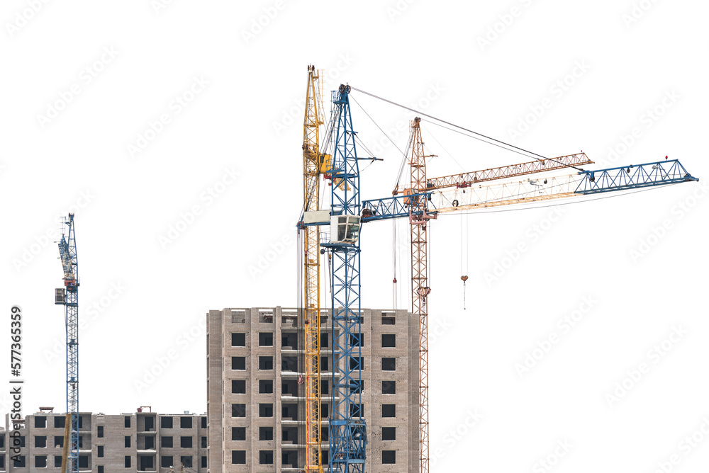 Construction of multi-storey buildings with tower cranes on a white isolated background.