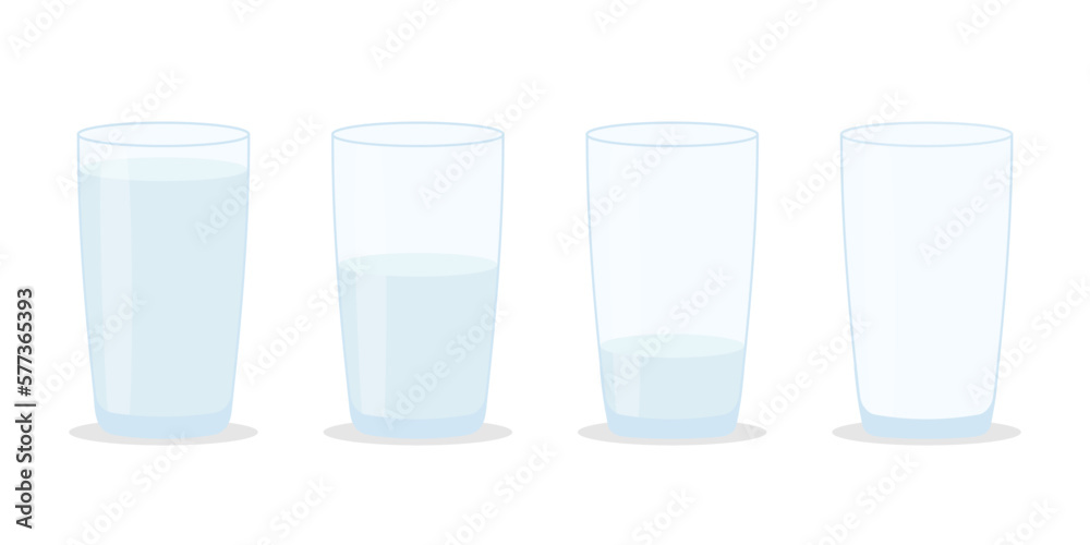 Set of glasses with water on a white background. Full, half and empty glass.