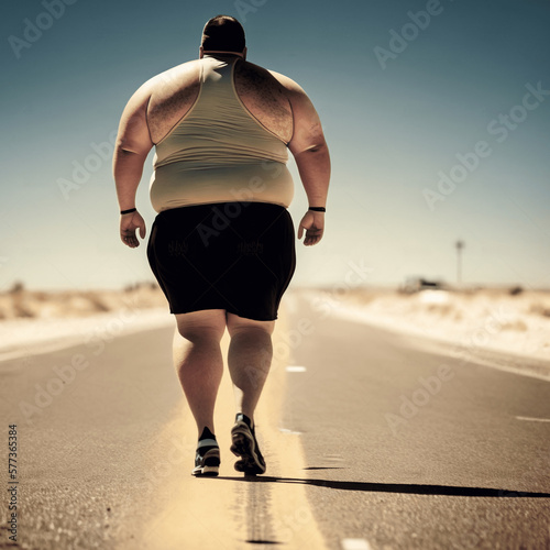 Rear view of a obese man wearing sportswear while jogging on the road, created with generative AI