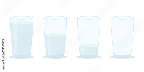 Set of glasses with water on a white background. Full  half and empty glass.