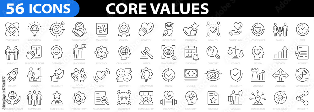 Core values 56 icon set. Line Icons. Vector illustration. - obrazy, fototapety, plakaty 