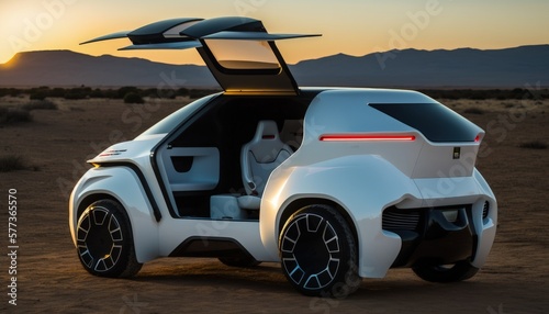 Modernes Elektro-SUV in der Wüste. Elektro- Geländewagen in Wüste. Epische Landschaft mit Elektroauto. Weißes Auto in Wüstenregion. KI generiert photo