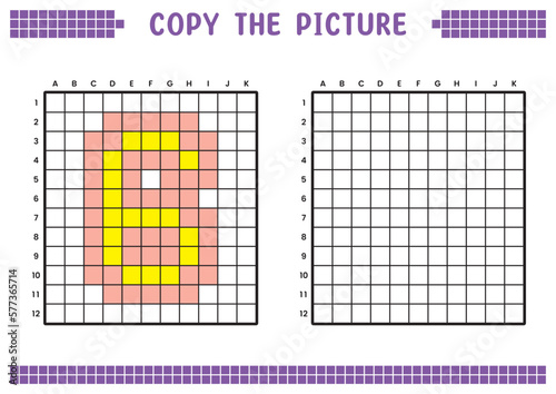 Copy the picture, complete the grid image. Educational worksheets drawing with squares, coloring cell areas. Preschool activities, children's games. Cartoon vector illustration, pixel art. Number 6.