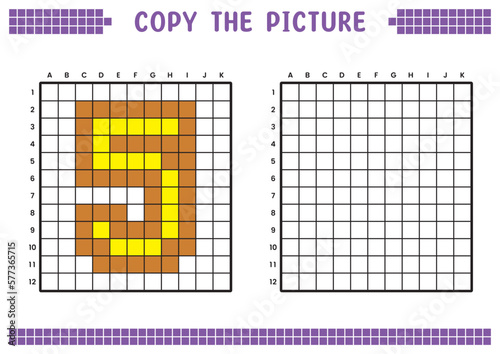 Copy the picture, complete the grid image. Educational worksheets drawing with squares, coloring cell areas. Preschool activities, children's games. Cartoon vector illustration, pixel art. Number 5.
