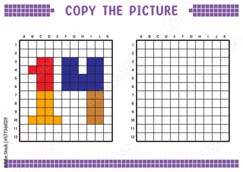 Copy the picture, complete the grid image. Educational worksheets drawing with squares, coloring cell areas. Preschool activities, children's games. Cartoon vector illustration, pixel art. Number 14.