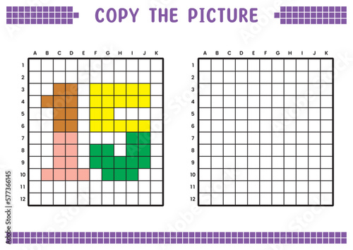 Copy the picture, complete the grid image. Educational worksheets drawing with squares, coloring cell areas. Preschool activities, children's games. Cartoon vector illustration, pixel art. Number 15.