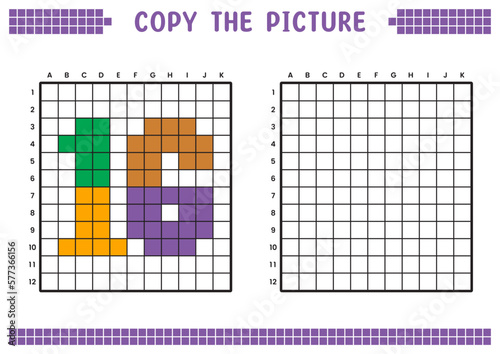 Copy the picture, complete the grid image. Educational worksheets drawing with squares, coloring cell areas. Preschool activities, children's games. Cartoon vector illustration, pixel art. Number 16.