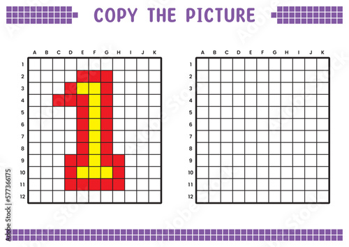 Copy the picture, complete the grid image. Educational worksheets drawing with squares, coloring cell areas. Preschool activities, children's games. Cartoon vector illustration, pixel art. Number 1.