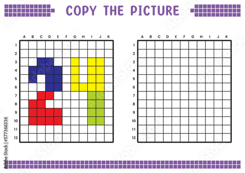 Copy the picture, complete the grid image. Educational worksheets drawing with squares, coloring cell areas. Preschool activities, children's games. Cartoon vector illustration, pixel art. Number 24.