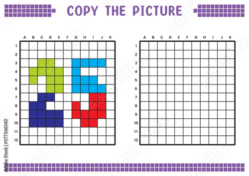 Copy the picture, complete the grid image. Educational worksheets drawing with squares, coloring cell areas. Preschool activities, children's games. Cartoon vector illustration, pixel art. Number 25.