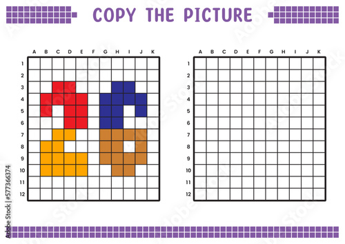 Copy the picture, complete the grid image. Educational worksheets drawing with squares, coloring cell areas. Preschool activities, children's games. Cartoon vector illustration, pixel art. Number 26.