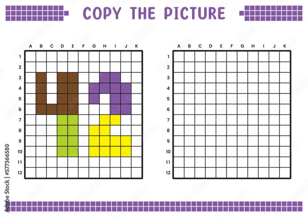 Fototapeta premium Copy the picture, complete the grid image. Educational worksheets drawing with squares, coloring cell areas. Preschool activities, children's games. Cartoon vector illustration, pixel art. Number 42.