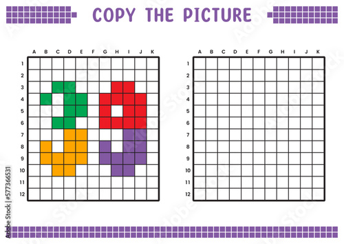 Copy the picture, complete the grid image. Educational worksheets drawing with squares, coloring cell areas. Preschool activities, children's games. Cartoon vector illustration, pixel art. Number 39.
