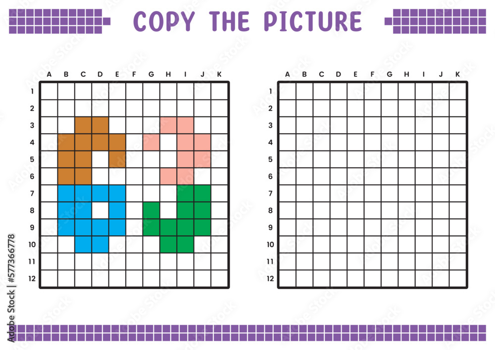 Fototapeta premium Copy the picture, complete the grid image. Educational worksheets drawing with squares, coloring cell areas. Preschool activities, children's games. Cartoon vector illustration, pixel art. Number 63.