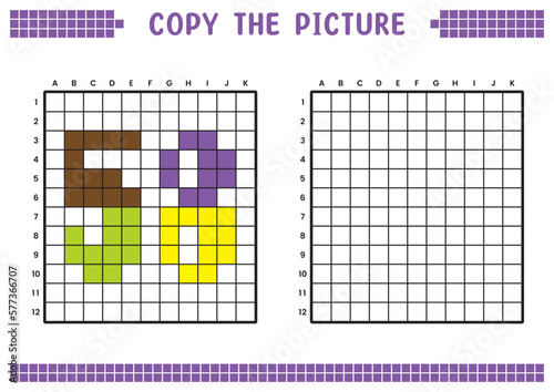 Copy the picture, complete the grid image. Educational worksheets drawing with squares, coloring cell areas. Preschool activities, children's games. Cartoon vector illustration, pixel art. Number 58.