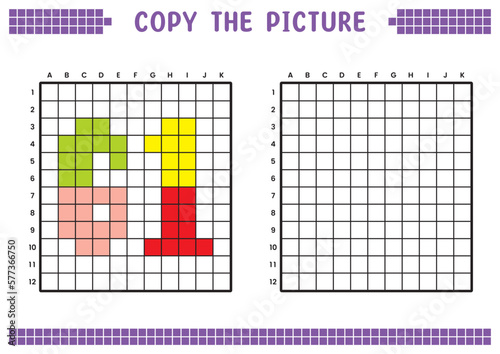 Copy the picture, complete the grid image. Educational worksheets drawing with squares, coloring cell areas. Preschool activities, children's games. Cartoon vector illustration, pixel art. Number 61.