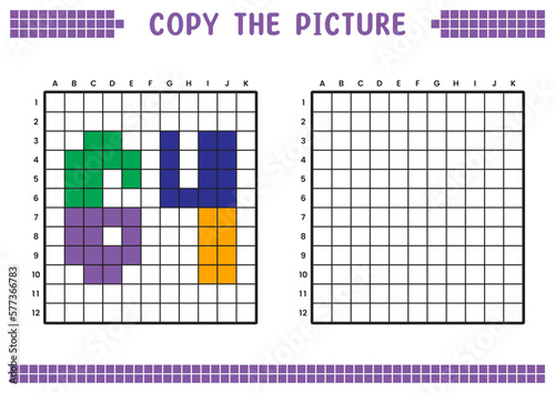 Copy the picture, complete the grid image. Educational worksheets drawing with squares, coloring cell areas. Preschool activities, children's games. Cartoon vector illustration, pixel art. Number 64.