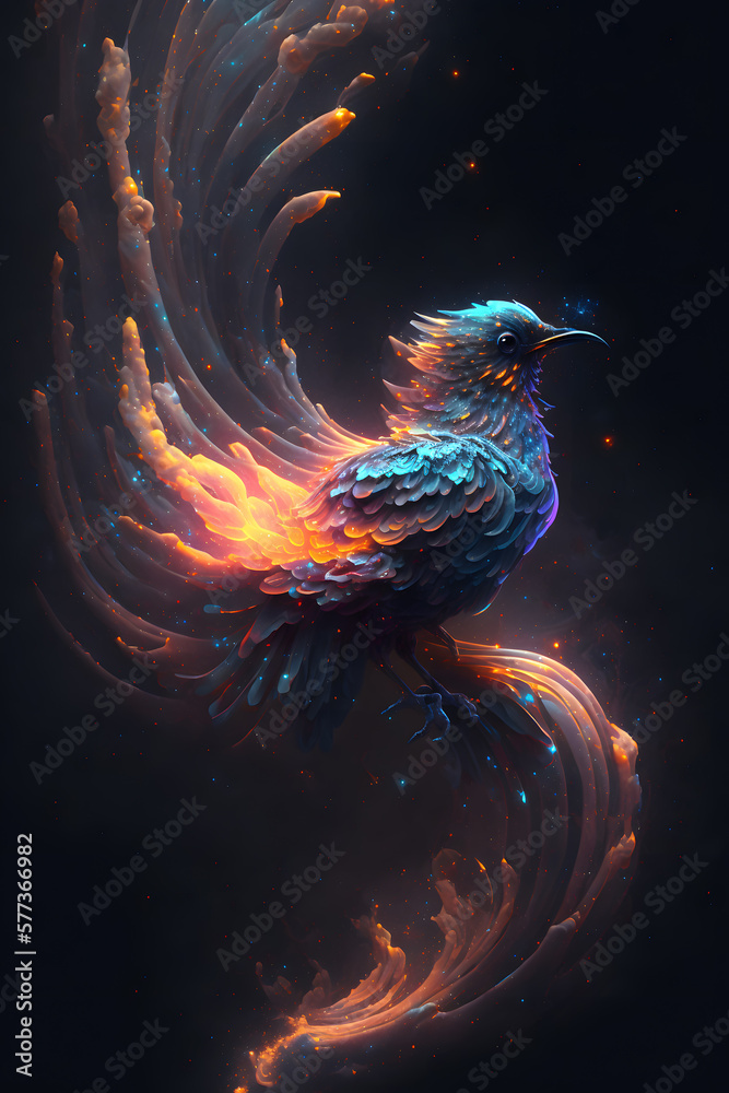 Ptak połączony z mgławicą galaktyczną. Ptak na czarnym tle w magicznym, abstrakcyjnym wydaniu. Wygenerowane Ai - obrazy, fototapety, plakaty 