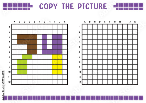 Copy the picture, complete the grid image. Educational worksheets drawing with squares, coloring cell areas. Preschool activities, children's games. Cartoon vector illustration, pixel art. Number 74.