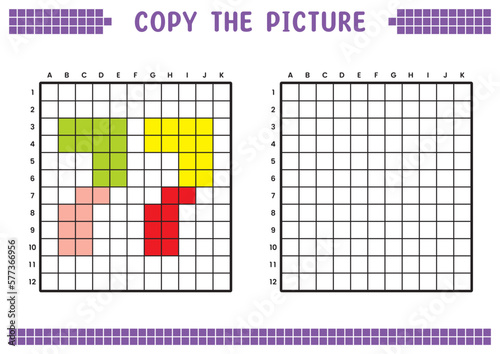Copy the picture, complete the grid image. Educational worksheets drawing with squares, coloring cell areas. Preschool activities, children's games. Cartoon vector illustration, pixel art. Number 77.