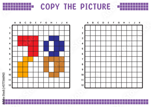 Copy the picture, complete the grid image. Educational worksheets drawing with squares, coloring cell areas. Preschool activities, children's games. Cartoon vector illustration, pixel art. Number 78.
