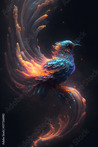 Ptak połączony z mgławicą galaktyczną. Ptak na czarnym tle w magicznym, abstrakcyjnym wydaniu. Generative AI
