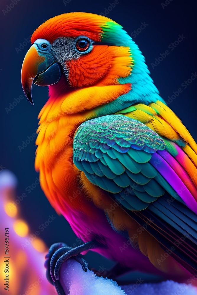 3D Parrot laser focus in colorful background. 3D Illustration