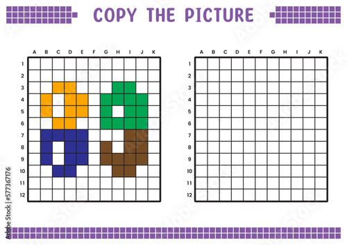 Copy the picture, complete the grid image. Educational worksheets drawing with squares, coloring cell areas. Preschool activities, children's games. Cartoon vector illustration, pixel art. Number 89.
