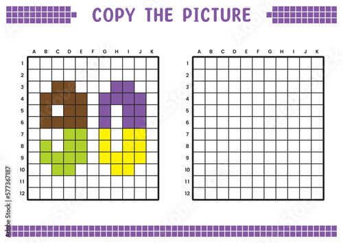 Copy the picture, complete the grid image. Educational worksheets drawing with squares, coloring cell areas. Preschool activities, children's games. Cartoon vector illustration, pixel art. Number 90.