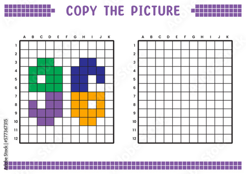 Copy the picture, complete the grid image. Educational worksheets drawing with squares, coloring cell areas. Preschool activities, children's games. Cartoon vector illustration, pixel art. Number 96.
