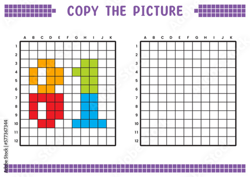 Copy the picture, complete the grid image. Educational worksheets drawing with squares, coloring cell areas. Preschool activities, children's games. Cartoon vector illustration, pixel art. Number 81.