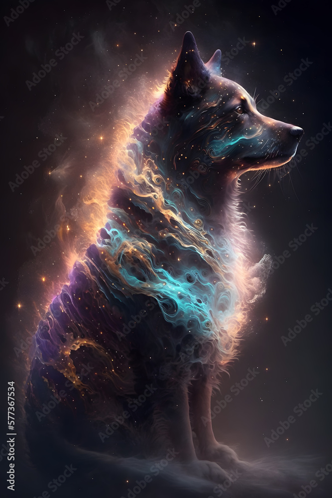 Pies połączony z mgławicą galaktyczną. Pies na czarnym tle w magicznym, abstrakcyjnym wydaniu. Generative AI - obrazy, fototapety, plakaty 
