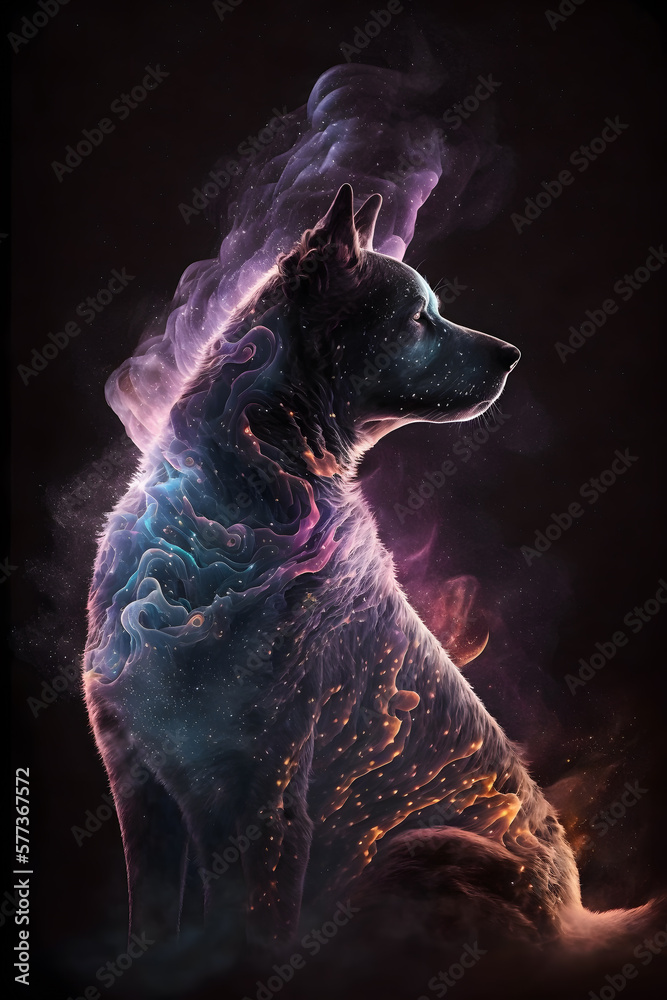 Pies połączony z mgławicą galaktyczną. Pies na czarnym tle w magicznym, abstrakcyjnym wydaniu. Generative AI - obrazy, fototapety, plakaty 