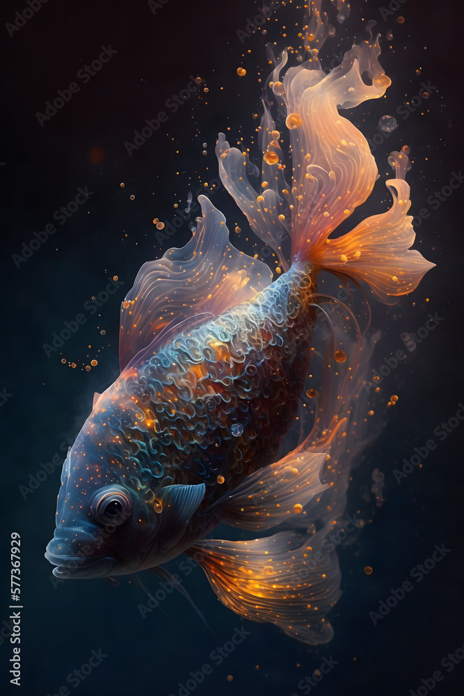 Ryba połączona z mgławicą galaktyczną. Ryba na czarnym tle w magicznym, abstrakcyjnym wydaniu. Generative AI - obrazy, fototapety, plakaty 