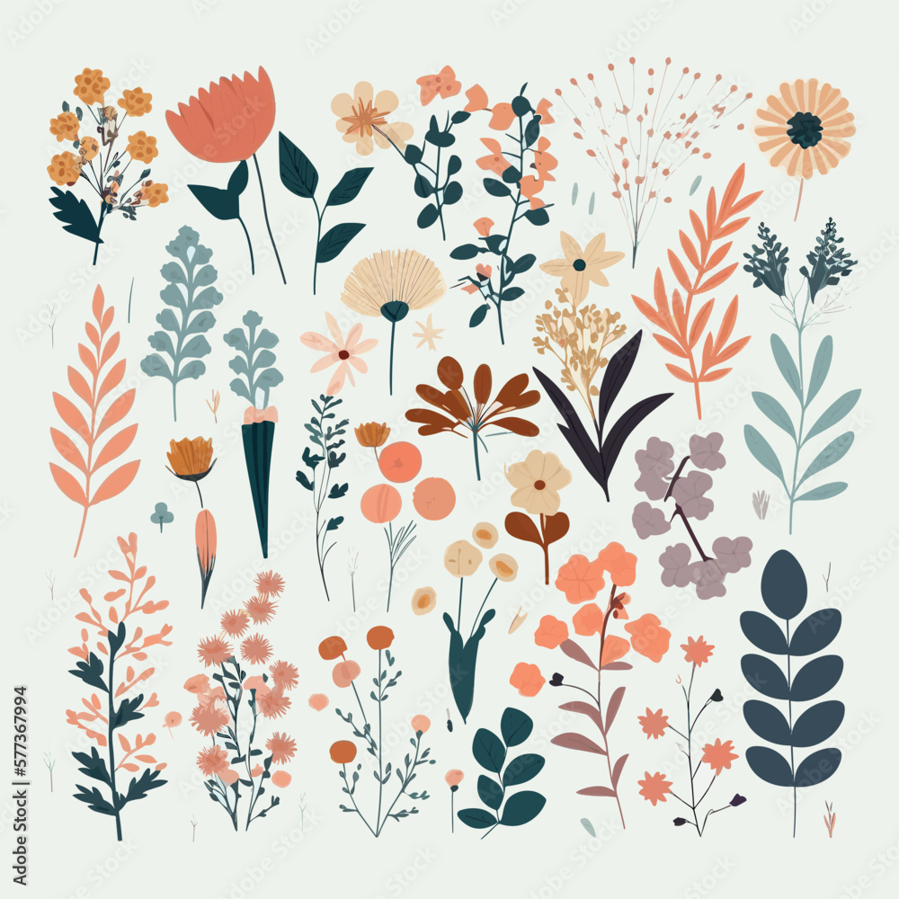 Various individual flowers, leaves, nature flat vector illustration