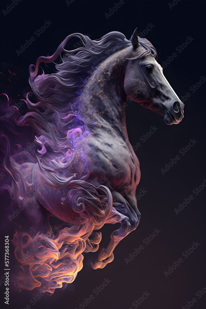 Głowa Konia połączona z mgławicą galaktyczną. Koń na czarnym tle w magicznym, abstrakcyjnym wydaniu. Generative AI - obrazy, fototapety, plakaty 