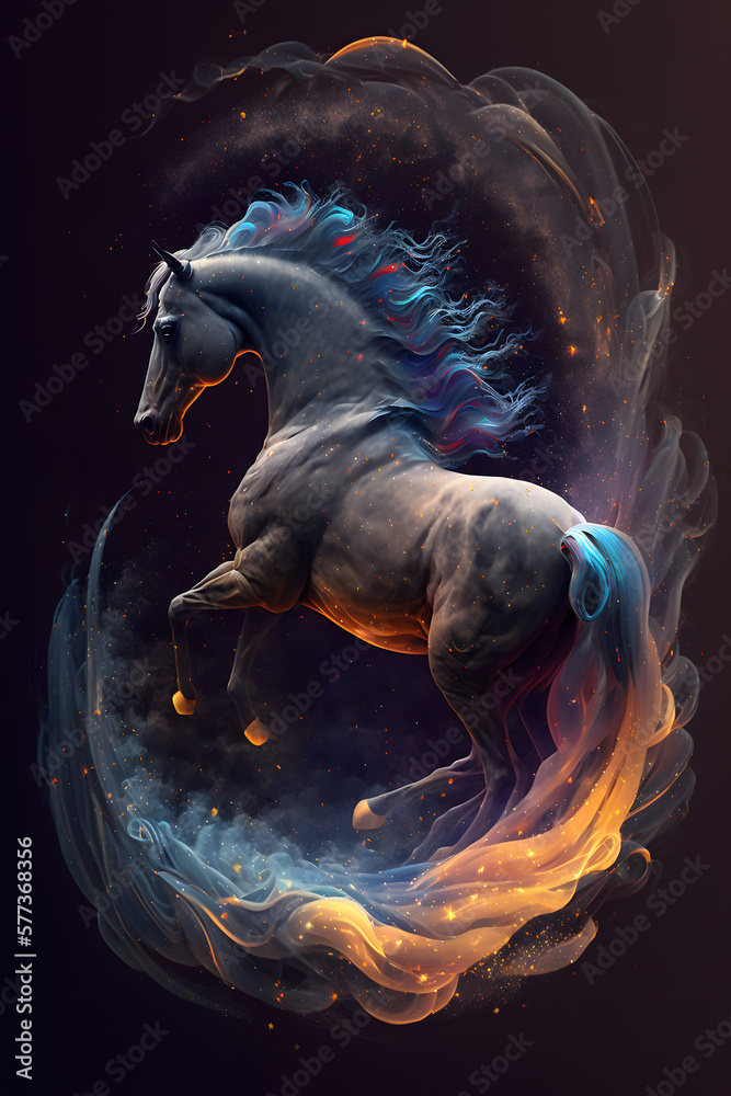Głowa Konia połączona z mgławicą galaktyczną. Koń na czarnym tle w magicznym, abstrakcyjnym wydaniu. Wygenerowane Ai - obrazy, fototapety, plakaty 