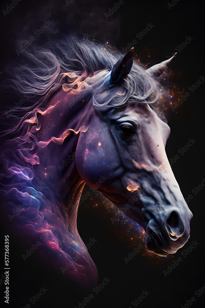 Głowa Konia połączona z mgławicą galaktyczną. Koń na czarnym tle w magicznym, abstrakcyjnym wydaniu. Generative AI - obrazy, fototapety, plakaty 