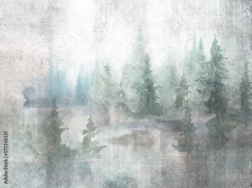 Obraz Grunge photo wallpaper with golden abstract elements on concrete background. Illustration for wallpaper, fresco, mural.