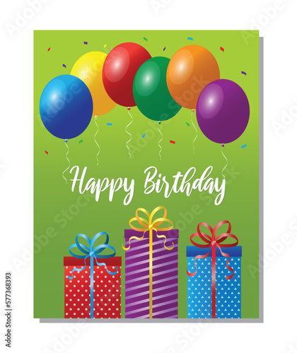 birthday card design with gift boxes and balloons design.