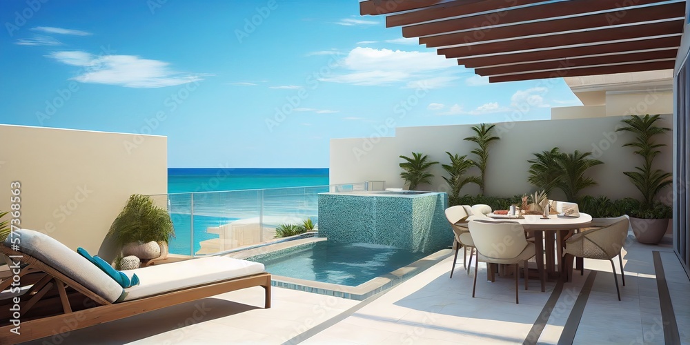 Fototapeta premium Luxury penthouse terrace with a swimming pool overlooking the beach, generative AI