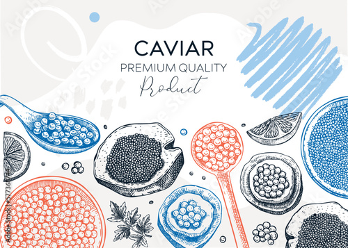 Seafood background design with red caviar canape, canned black caviar, lemons in collage style. Sea delicacy banner template or restaurant menu or finger food party. Canned fish hand drawn sketches