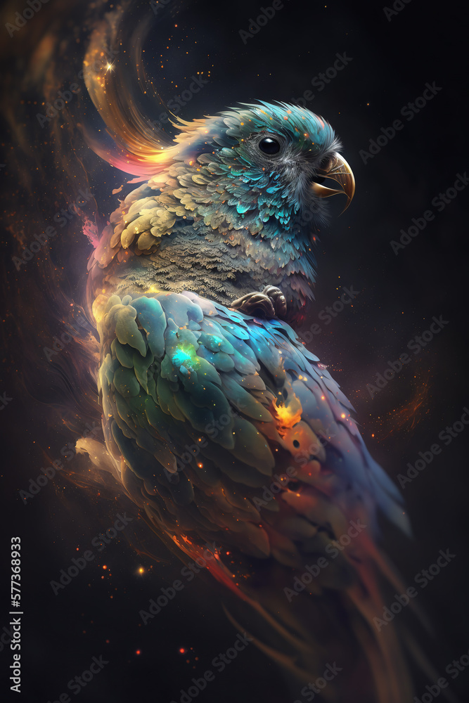 Głowa ary połączona z mgławicą galaktyczną. Papuga na czarnym tle w magicznym, abstrakcyjnym wydaniu. Generative AI - obrazy, fototapety, plakaty 