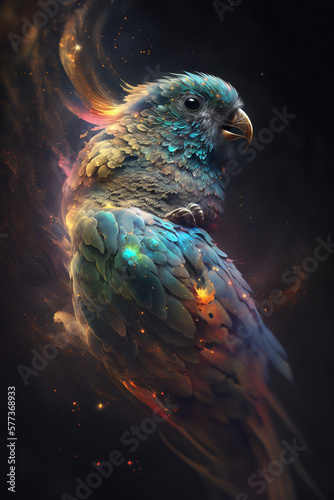 Głowa ary połączona z mgławicą galaktyczną. Papuga na czarnym tle w magicznym, abstrakcyjnym wydaniu. Generative AI