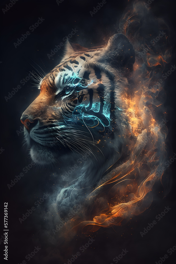 Głowa tygrys połączona z mgławicą galaktyczną. Tygrys na czarnym tle w magicznym, abstrakcyjnym wydaniu. Wygenerowane Ai - obrazy, fototapety, plakaty 